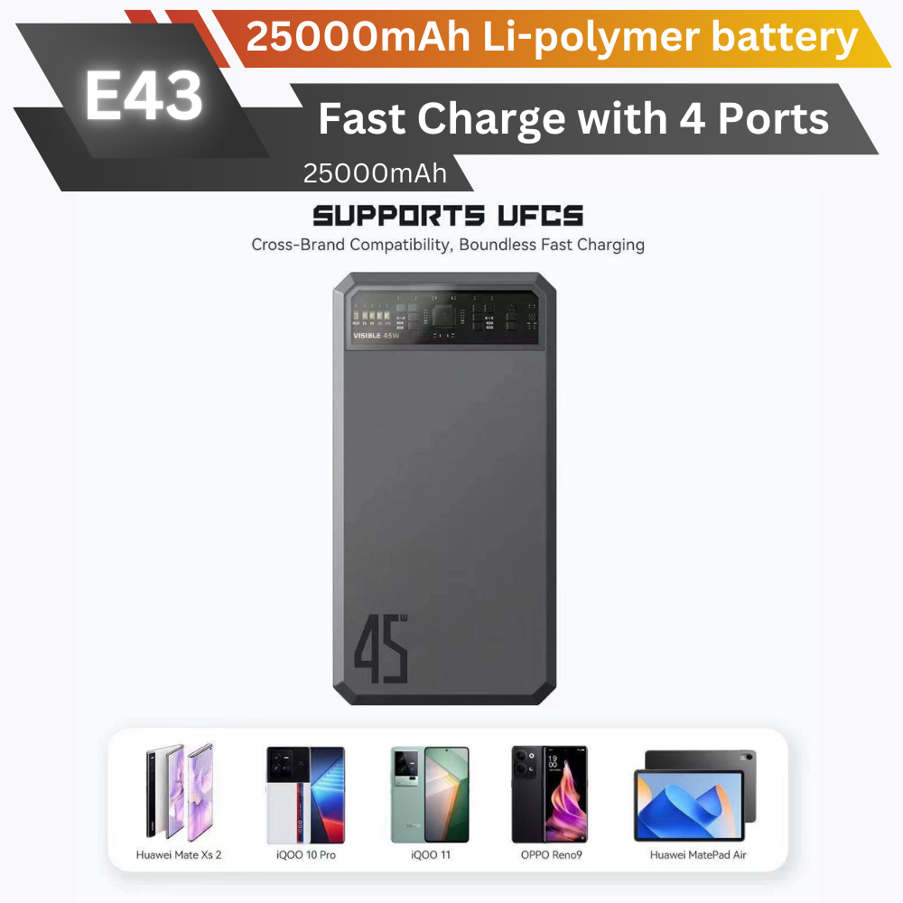ใหม่ upgrade! E43 Powerbank 25000mAh Fast Charge QC3.0 PD 45W สินค้าส่งฟรี!
