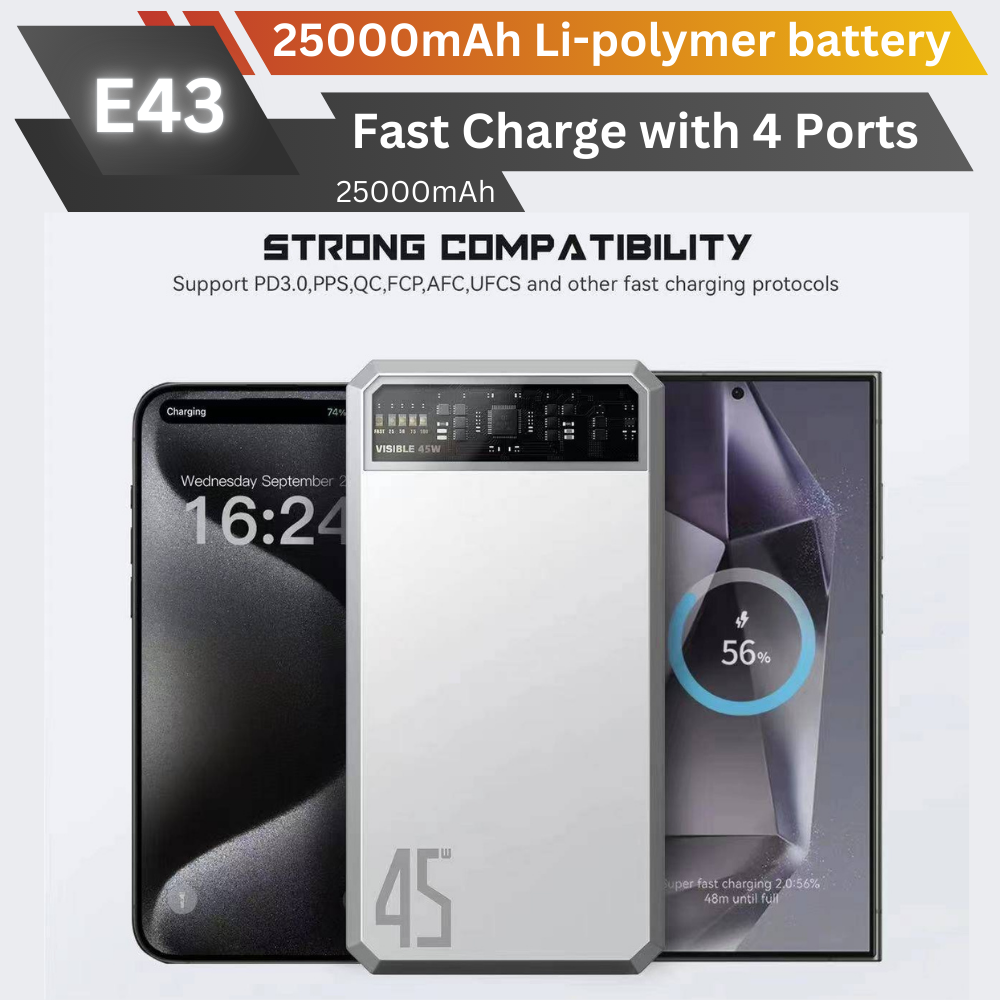 ใหม่ upgrade! E43 Powerbank 25000mAh Fast Charge QC3.0 PD 45W สินค้าส่งฟรี!