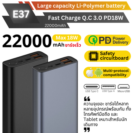 E37 powerbank 22000mAh Eloop & Orsen พาวเวอร์แบงค์