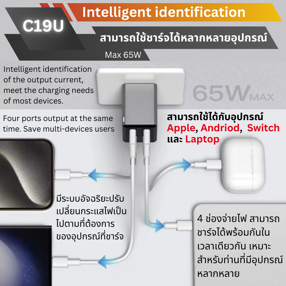 Adapter C19U GaN Fast Charge PD 65W / QC 3.0