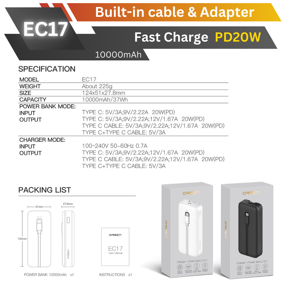 EC17 Powerbank 10000mAh เป็นหัวชาร์จ และมีสายในตัว Fast Charge PD 20W