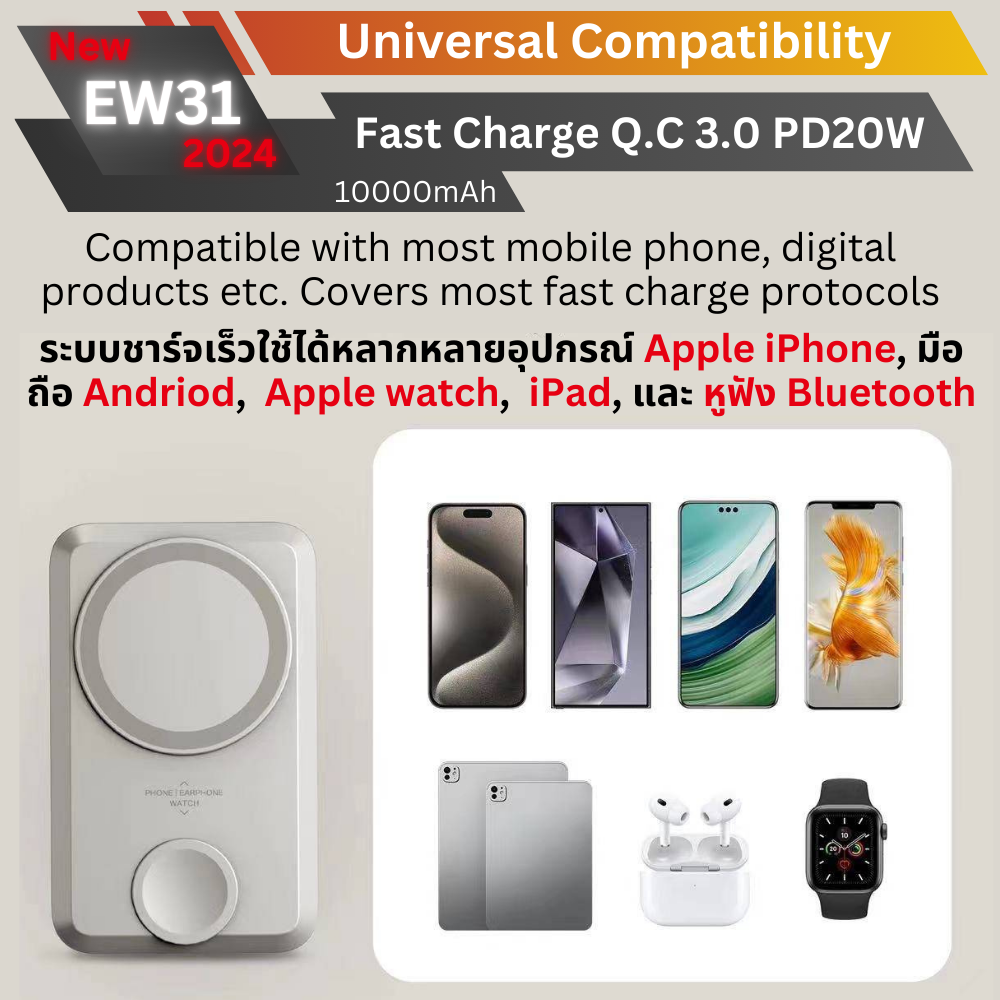 New upgrade! EW31 Magnetic Powerbank 10000mAh Fast charge PD 20W จัดส่งฟรี!
