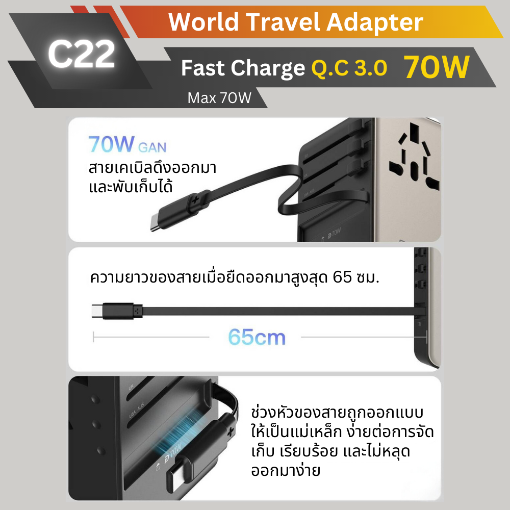C22 Universal Travel Adapter QC 3.0 ชาร์จเร็ว PD 70W