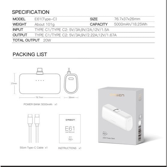 Eloop E61 Fast Charge powerbank 5000mAh PD 20W
