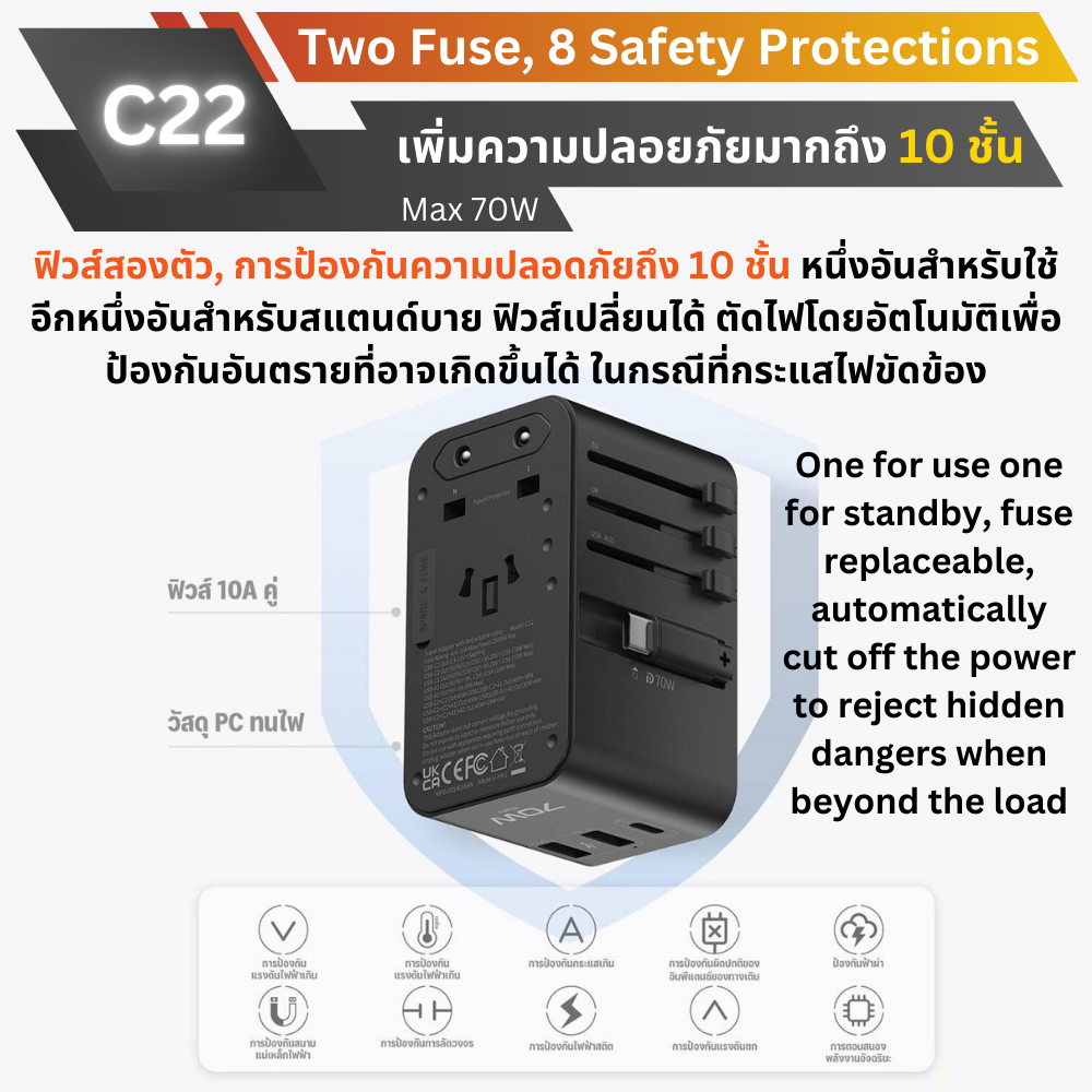C22 Universal Travel Adapter QC 3.0 ชาร์จเร็ว PD 70W