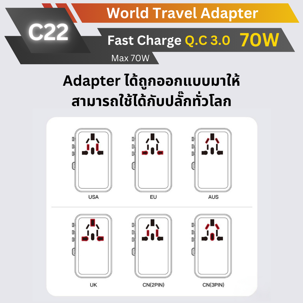 C22 Universal Travel Adapter QC 3.0 ชาร์จเร็ว PD 70W