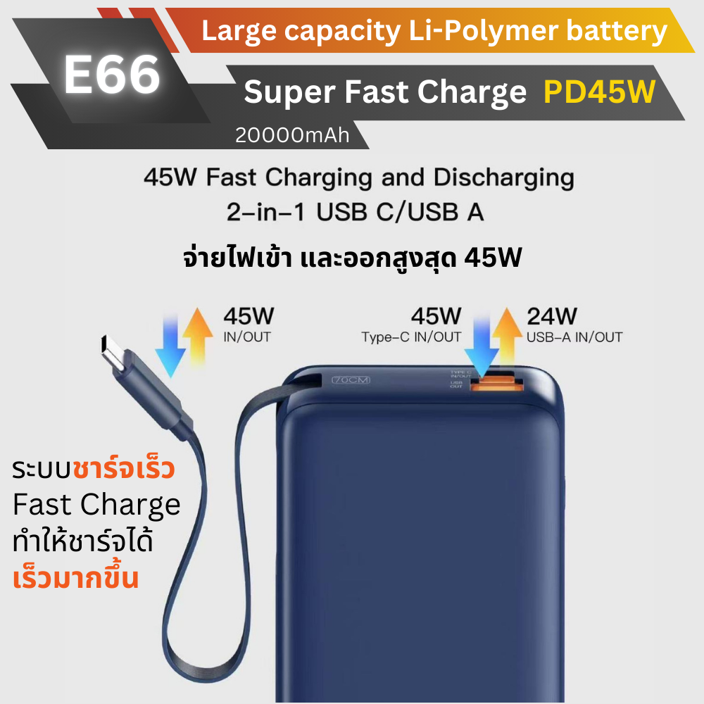 ใหม่! E66 Powerbank 20000mAh cable Built-in Fast Charge PD 45W มีสายในตัว!