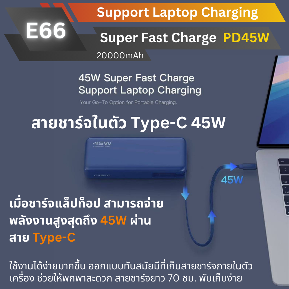 ใหม่! E66 Powerbank 20000mAh cable Built-in Fast Charge PD 45W มีสายในตัว!