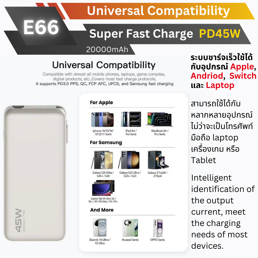 ใหม่! E66 Powerbank 20000mAh cable Built-in Fast Charge PD 45W มีสายในตัว!