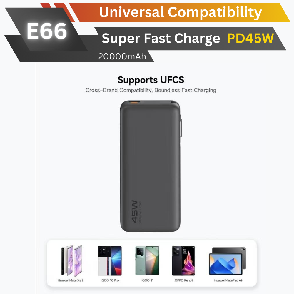 ใหม่! E66 Powerbank 20000mAh cable Built-in Fast Charge PD 45W มีสายในตัว!