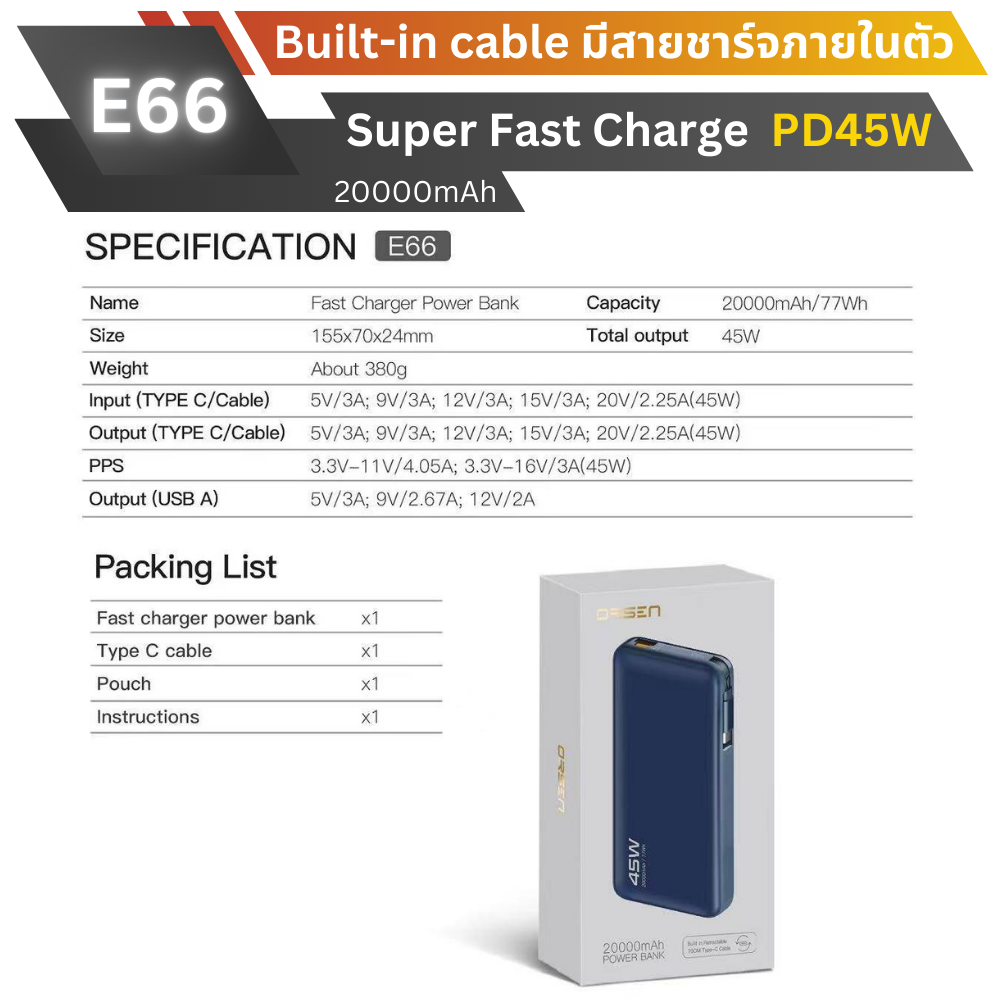 ใหม่! E66 Powerbank 20000mAh cable Built-in Fast Charge PD 45W มีสายในตัว!