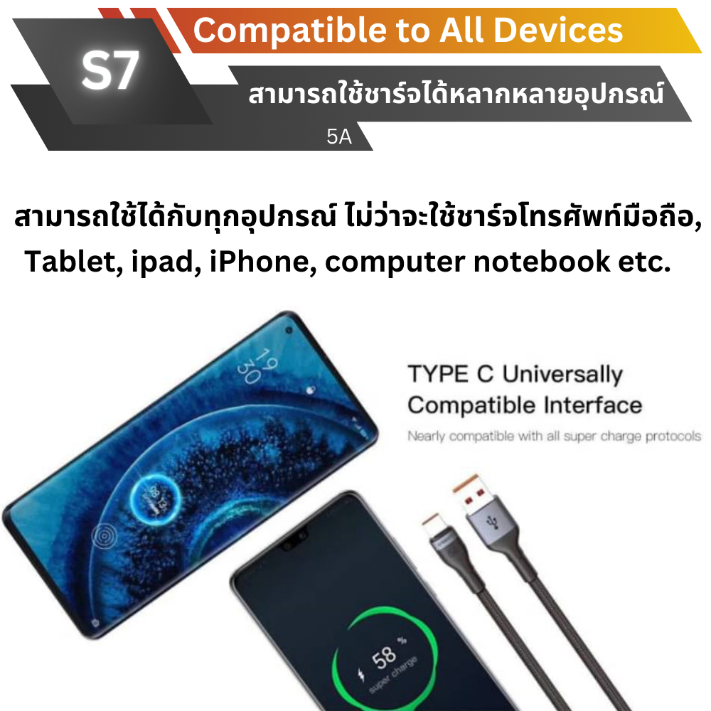 สาย Eloop S7 USB-A to Type C 5A ยาว 1 เมตร QC 3.0 Fast Charge ส่งฟรี!