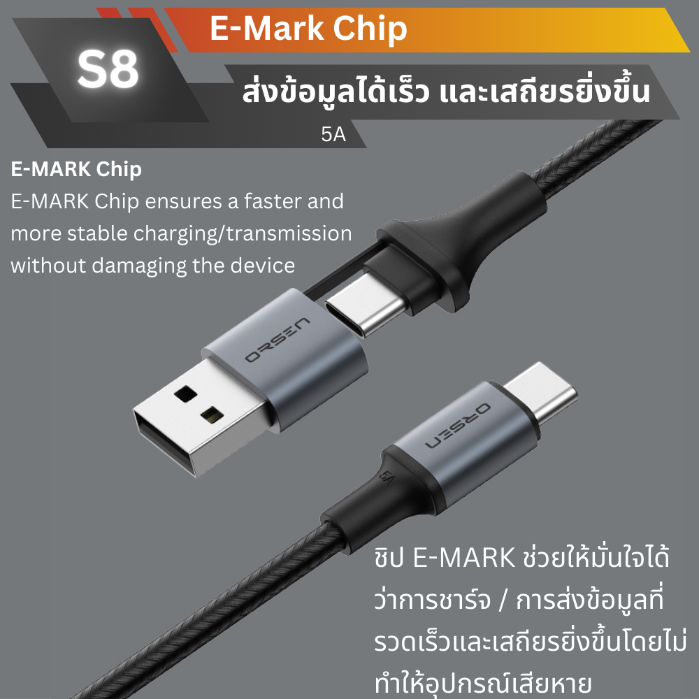 สาย Eloop S8 2-in-1 USB-A & Type C Super Fast Charge QC 4.0 / PD 100W ส่งฟรี !