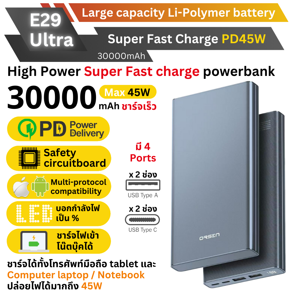 ใหม่! E29 Ultra Powerbank 30000mAh Fast Charge PD 45W
