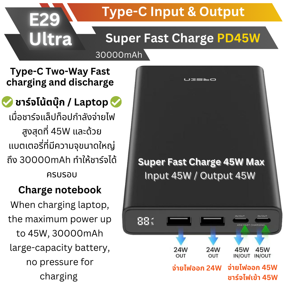 ใหม่! E29 Ultra Powerbank 30000mAh Fast Charge PD 45W