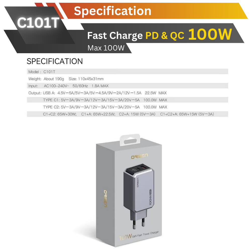 Adapter C101T GaN Super Fast Charge PD QC 100W
