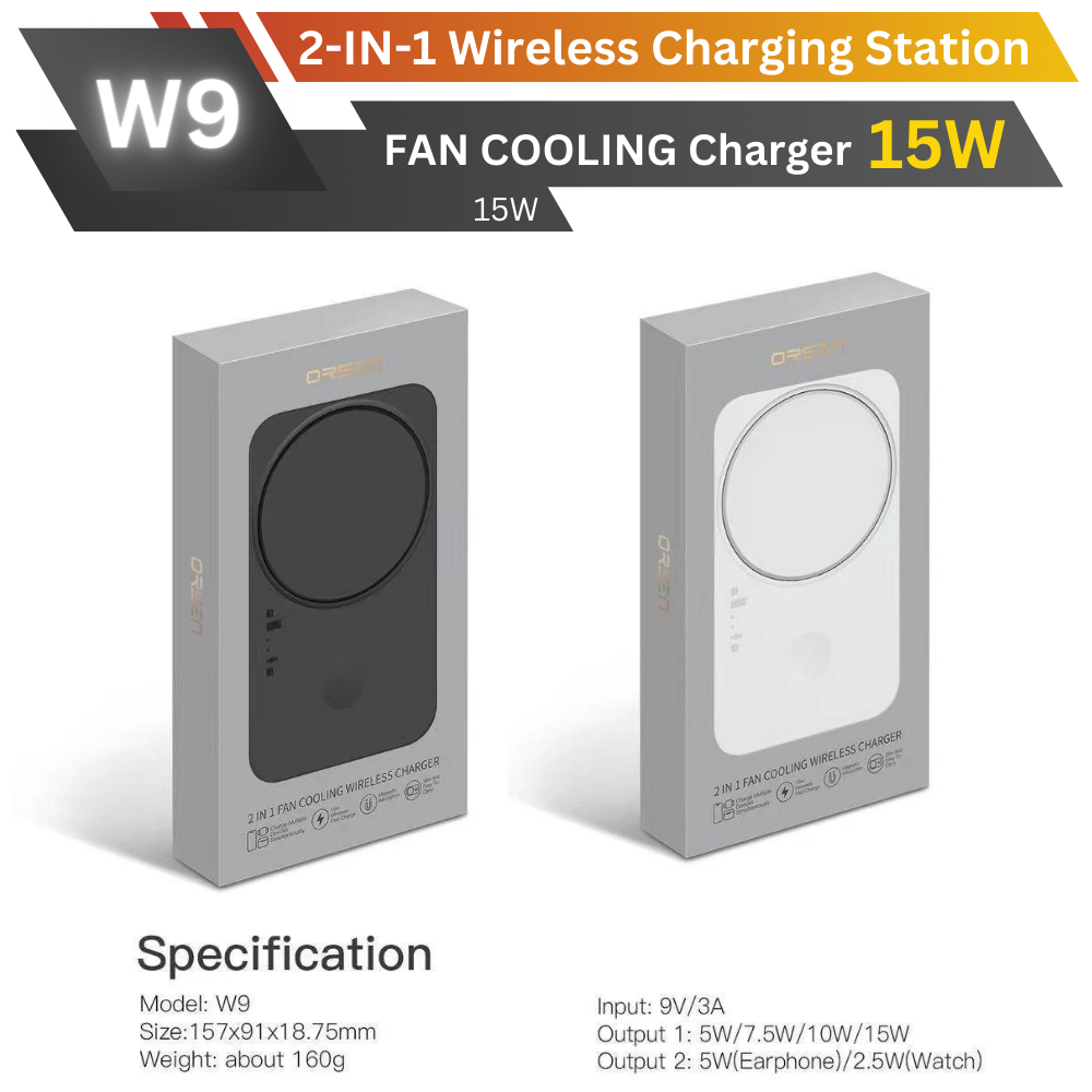 W9 แท่นชาร์จเร็วไร้สาย 2 in 1 Fan Cooling Fast Wireless Charger 15W จัดส่งฟรี!