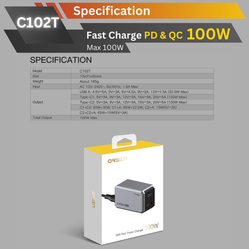 Adapter C102T GaN Super Fast Charge PD QC 100W