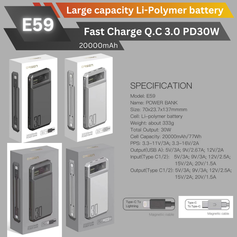 ใหม่! E59 Powerbank 20000mAh Fast Charge QC3.0 PD 45W สินค้าส่งฟรี!