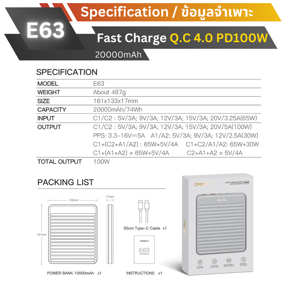 ใหม่! E63 Powerbank 20000mAh Fast Charge QC4.0 PD 100W สินค้าส่งฟรี!