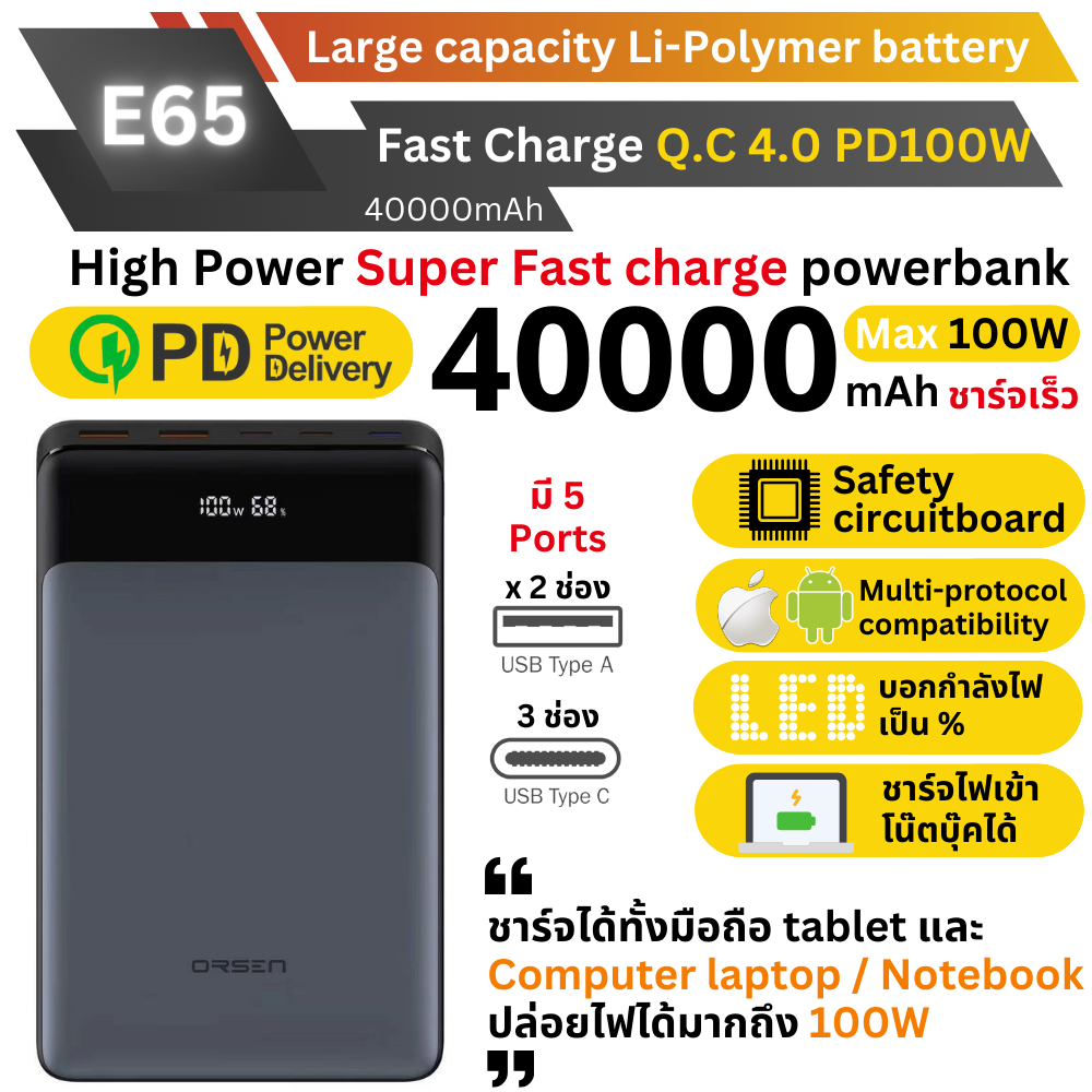 ใหม่! E65 Powerbank 40000mAh Fast Charge QC4.0 PD 100W สินค้าส่งฟรี!