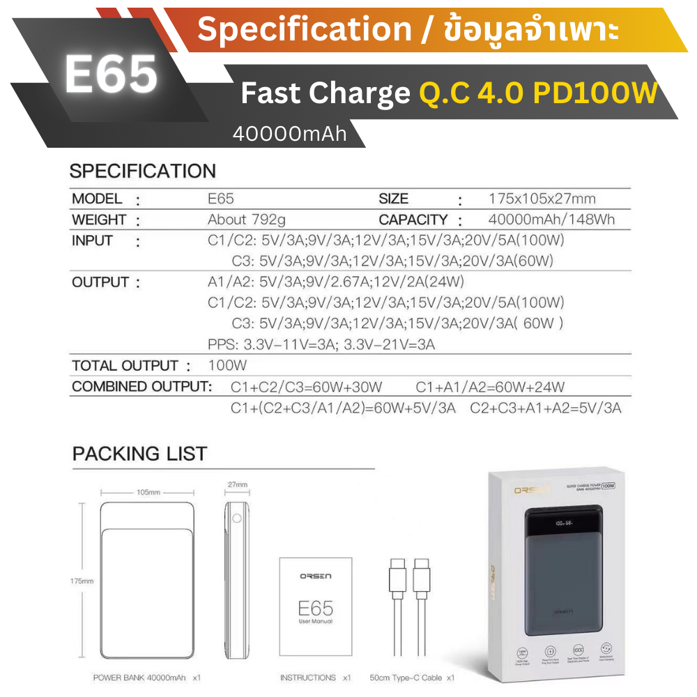 ใหม่! E65 Powerbank 40000mAh Fast Charge QC4.0 PD 100W สินค้าส่งฟรี!
