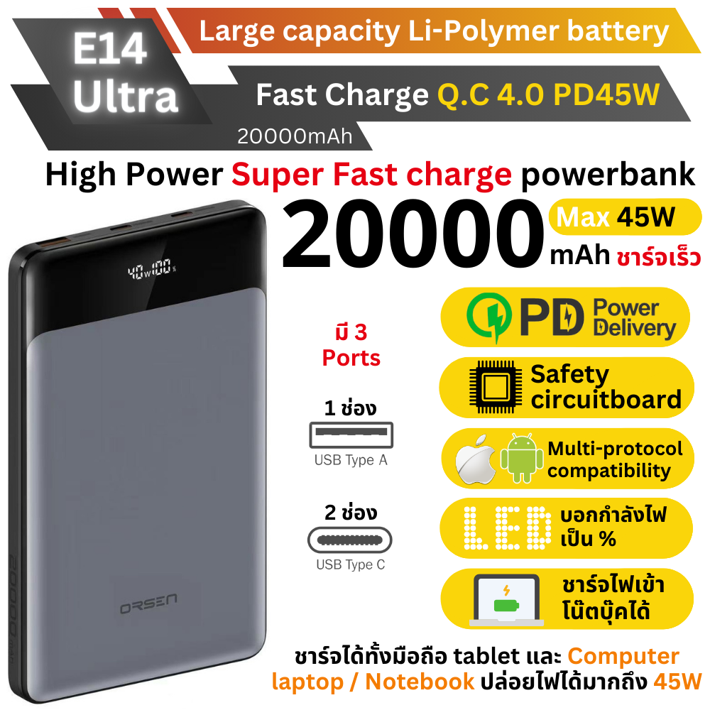 ใหม่! E14 Ultra Powerbank 20000mAh Fast Charge QC4.0 PD 45W สินค้าส่งฟรี!