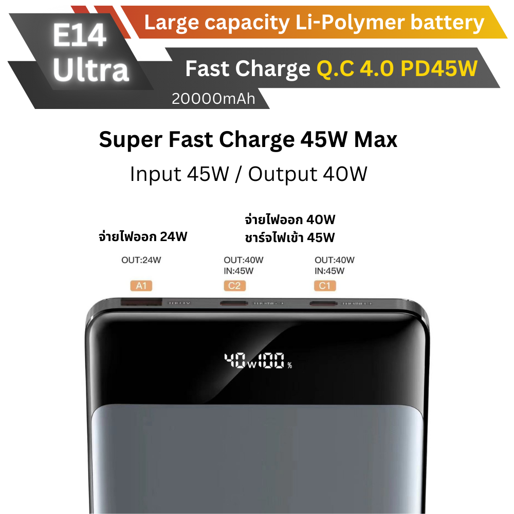ใหม่! E14 Ultra Powerbank 20000mAh Fast Charge QC4.0 PD 45W สินค้าส่งฟรี!
