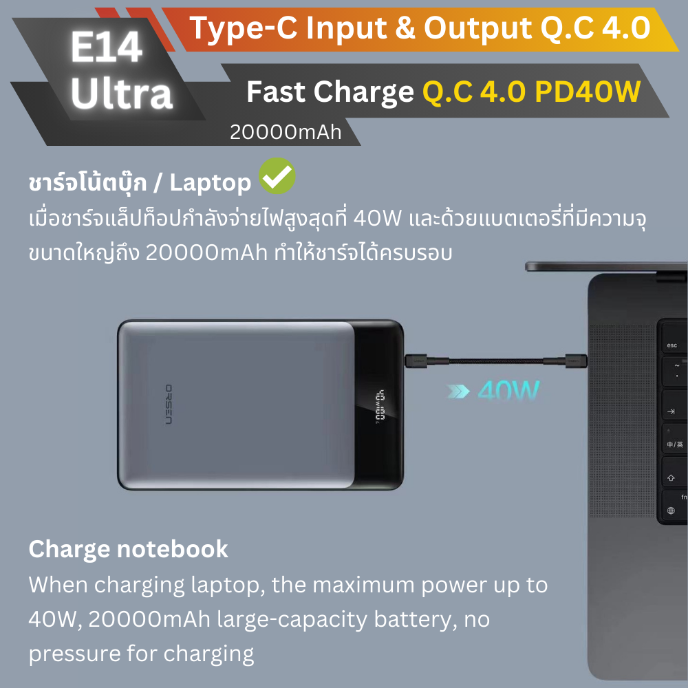 ใหม่! E14 Ultra Powerbank 20000mAh Fast Charge QC4.0 PD 45W สินค้าส่งฟรี!