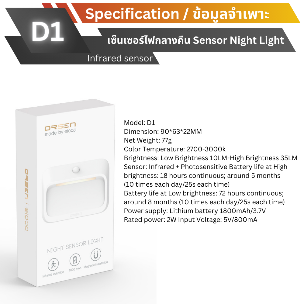 D1 ไฟเซ็นเซอร์กลางคืนไร้สาย ตรวจจับความเคลื่อนไหว