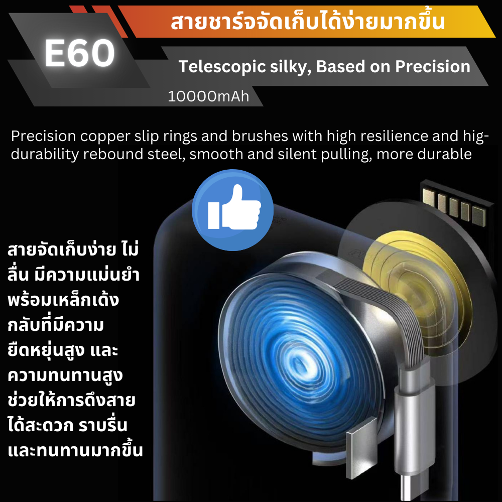 ใหม่! E60 Powerbank 10000mAh cable Built-in Fast Charge PD 22.5W มีสายในตัว!