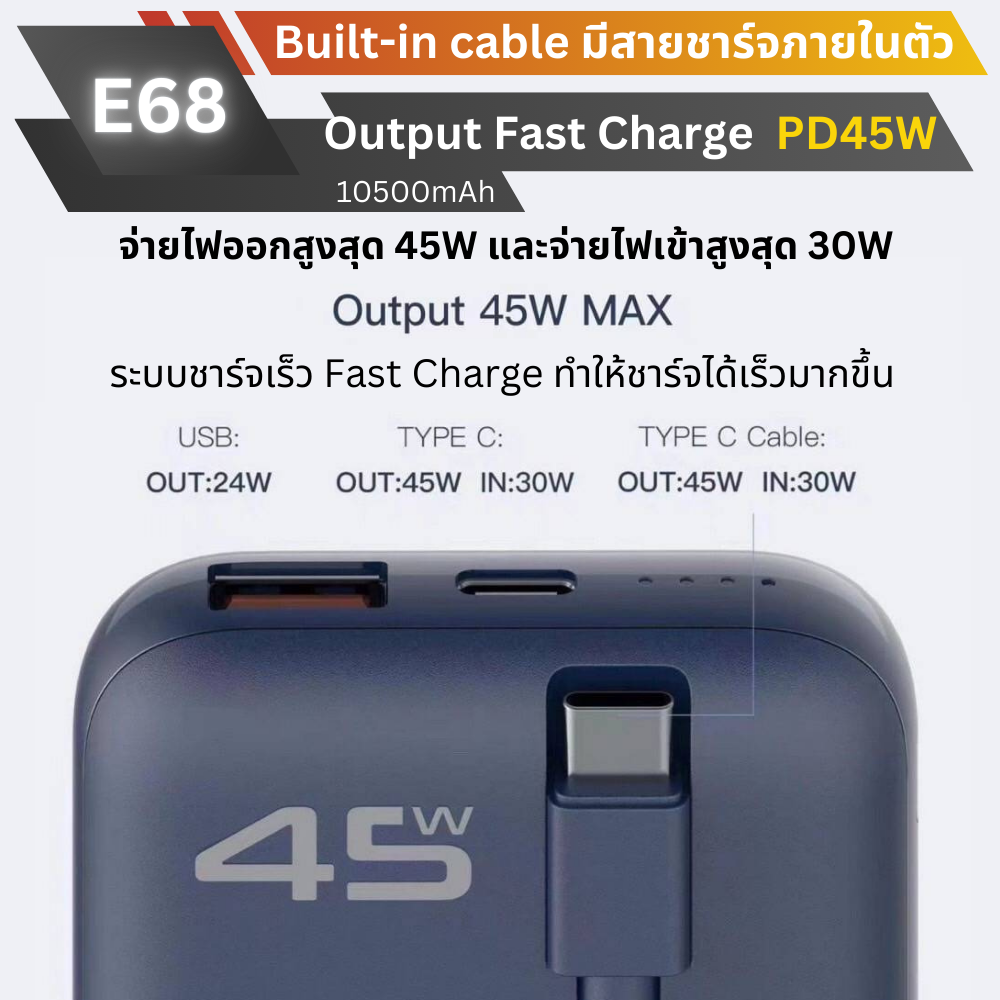 ใหม่! E68 Powerbank 10500mAh Fast Charge PD 45W มีสายในตัว!