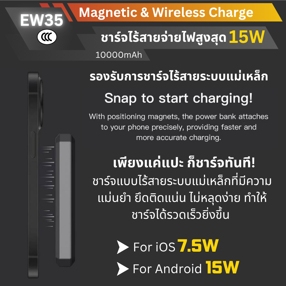 ใหม่ MagSafe! EW35 CCC Magnetic Powerbank 10000mAh Fast charge PD 20W จัดส่งฟรี!