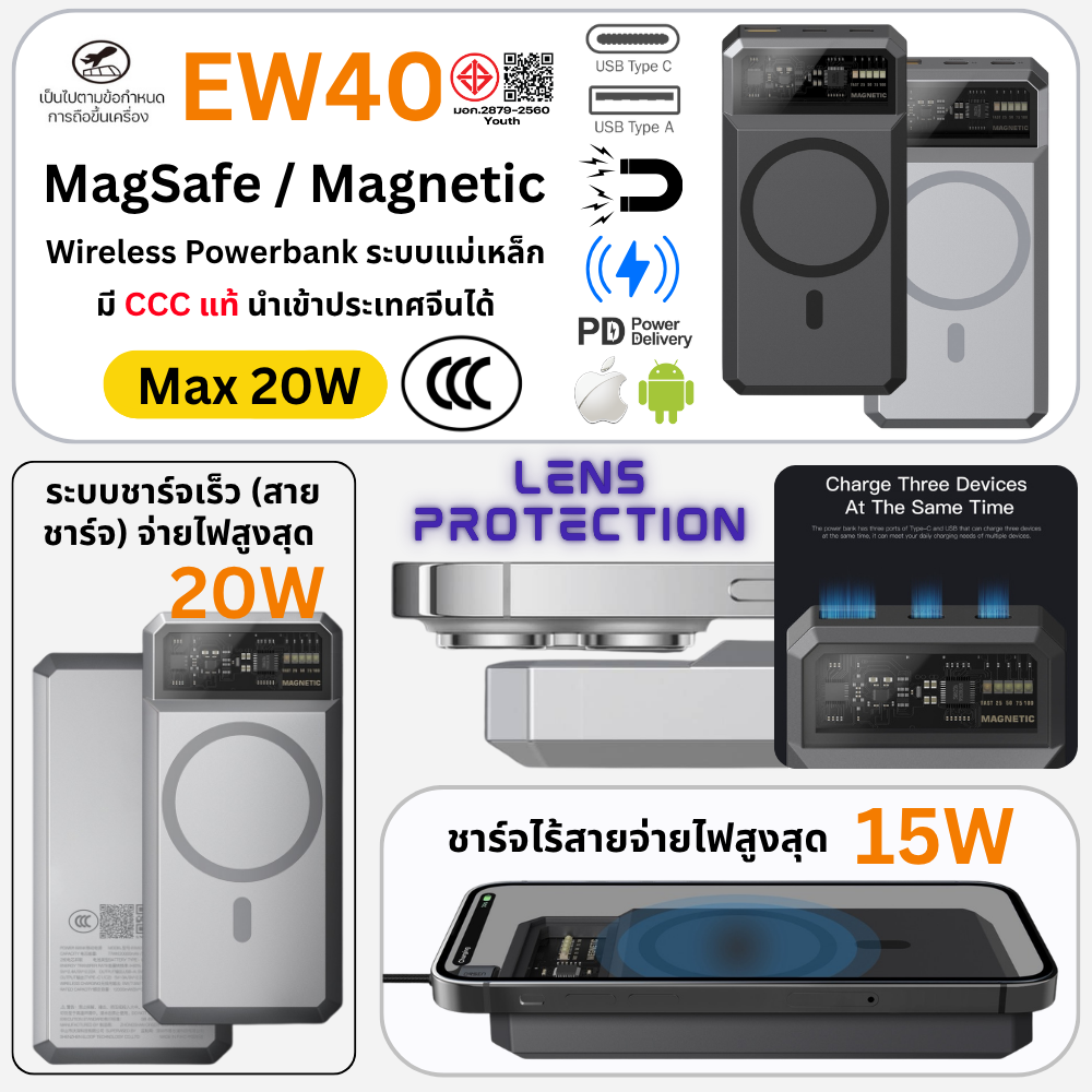 MagSafe! EW40 CCC Magnetic Powerbank 20000mAh Fast Charge QC3.0 PD 20W