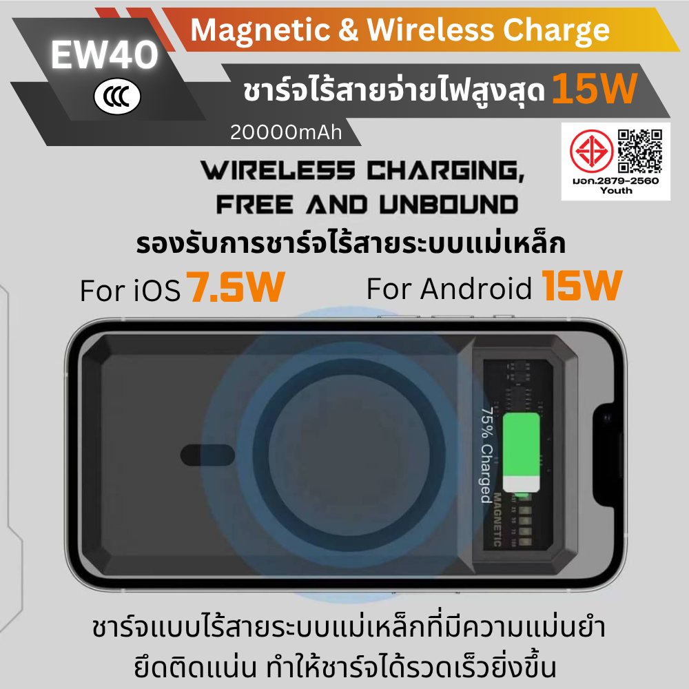 MagSafe! EW40 CCC Magnetic Powerbank 20000mAh Fast Charge QC3.0 PD 20W