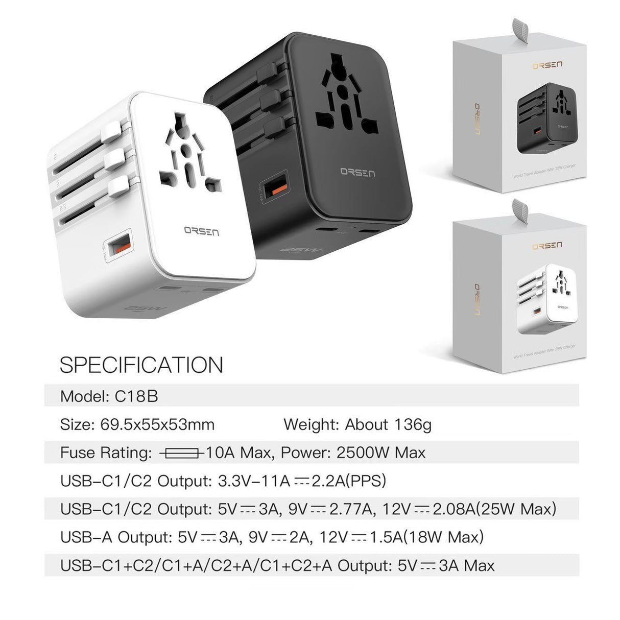 C18B World Travel Adapter QC 3.0 รุ่นอัพเกรด ชาร์จเร็ว PD 25W !