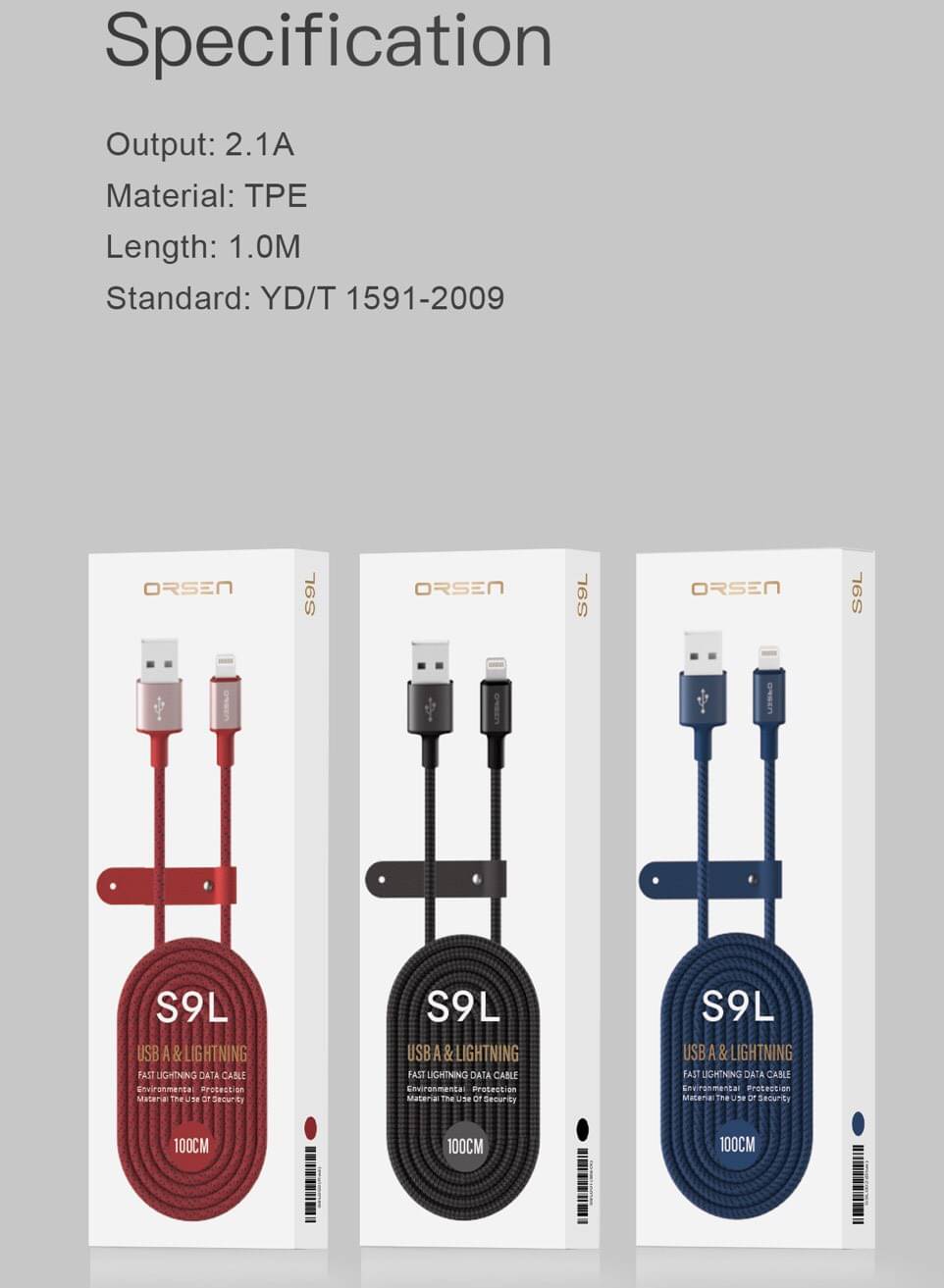 สายชาร์จ S9L สีดำ นํ้าเงิน แดง / Black, Blue, Red จัดส่งฟรี !