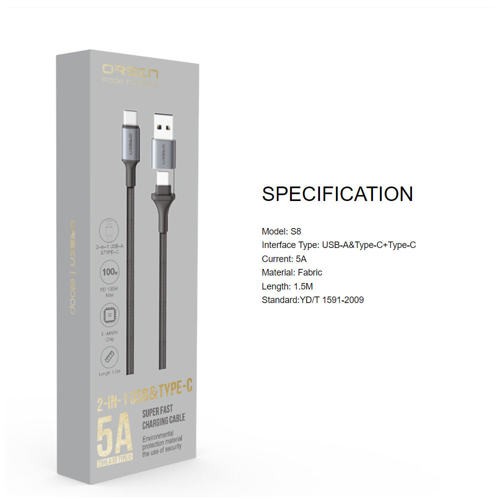 สาย Eloop S8 2-in-1 USB-A & Type C Super Fast Charge QC 4.0 / PD 100W ส่งฟรี !