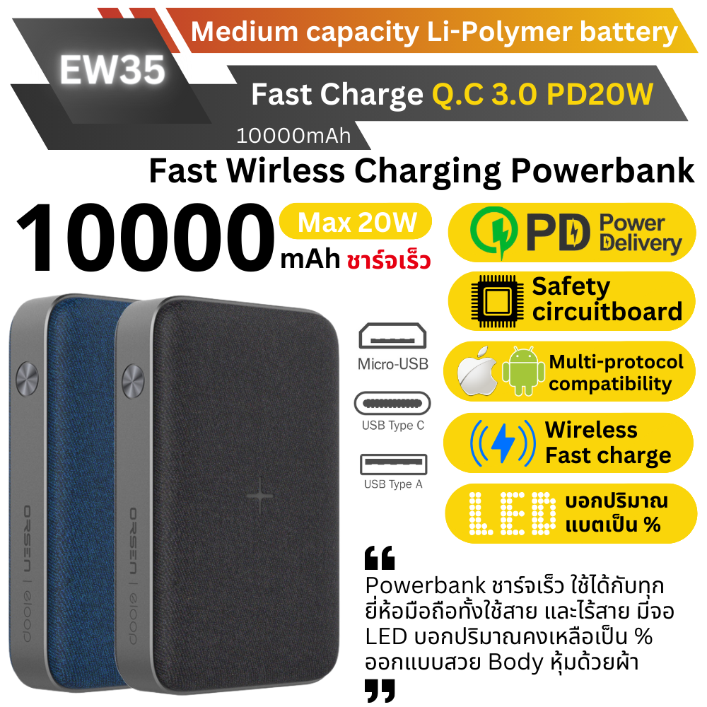 EW35 Powerbank 10000mAh Fast Charge QC3.0 PD 20W สีนํ้าเงิน / Blue จัดส่งฟรี!