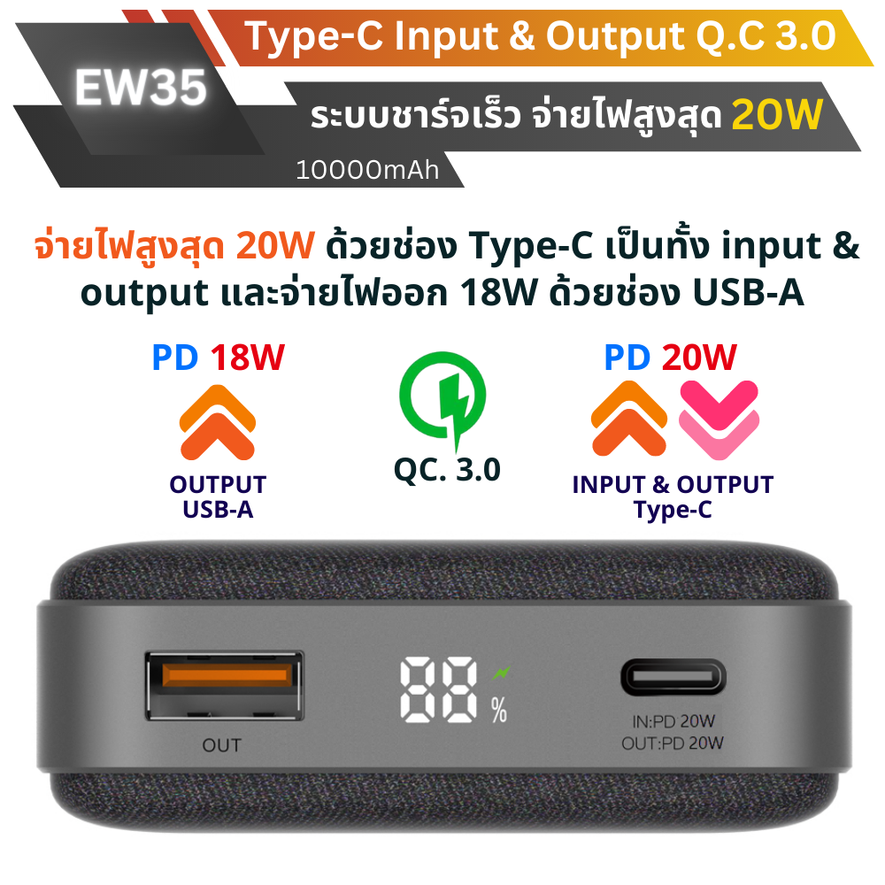 EW35 Powerbank 10000mAh Fast Charge QC3.0 PD 20W สีนํ้าเงิน / Blue จัดส่งฟรี!