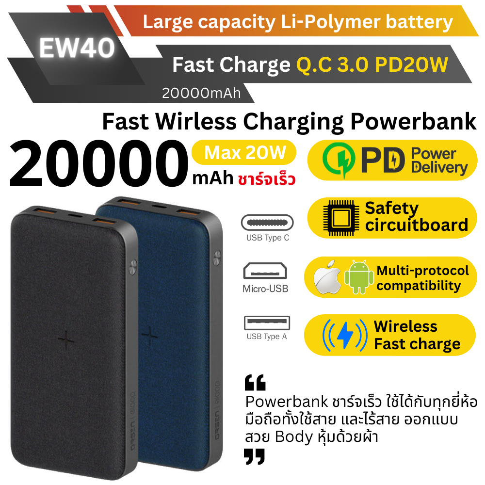 Eloop EW40 Powerbank 20000mAh Fast Charge 20W จัดส่งฟรี! –