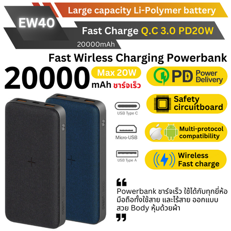 EW40 powerbank 20000mAh Eloop & Orsen พาวเวอร์แบงค์