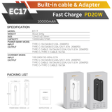 EC17 Powerbank 10000mAh เป็นหัวชาร์จ และมีสายในตัว Fast Charge PD 20W