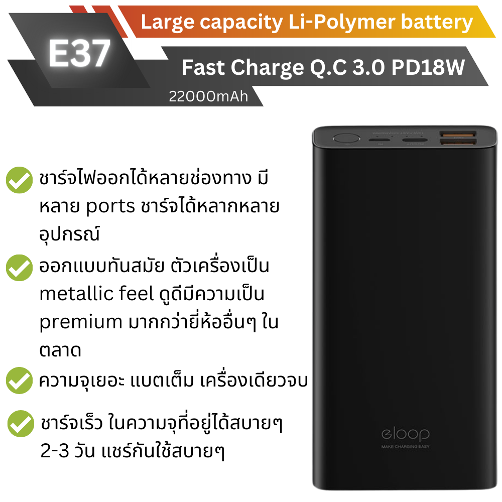 E37 22000 mAh สีดำ / Black แถมซอง & สายชาร์จ จัดส่งฟรี!