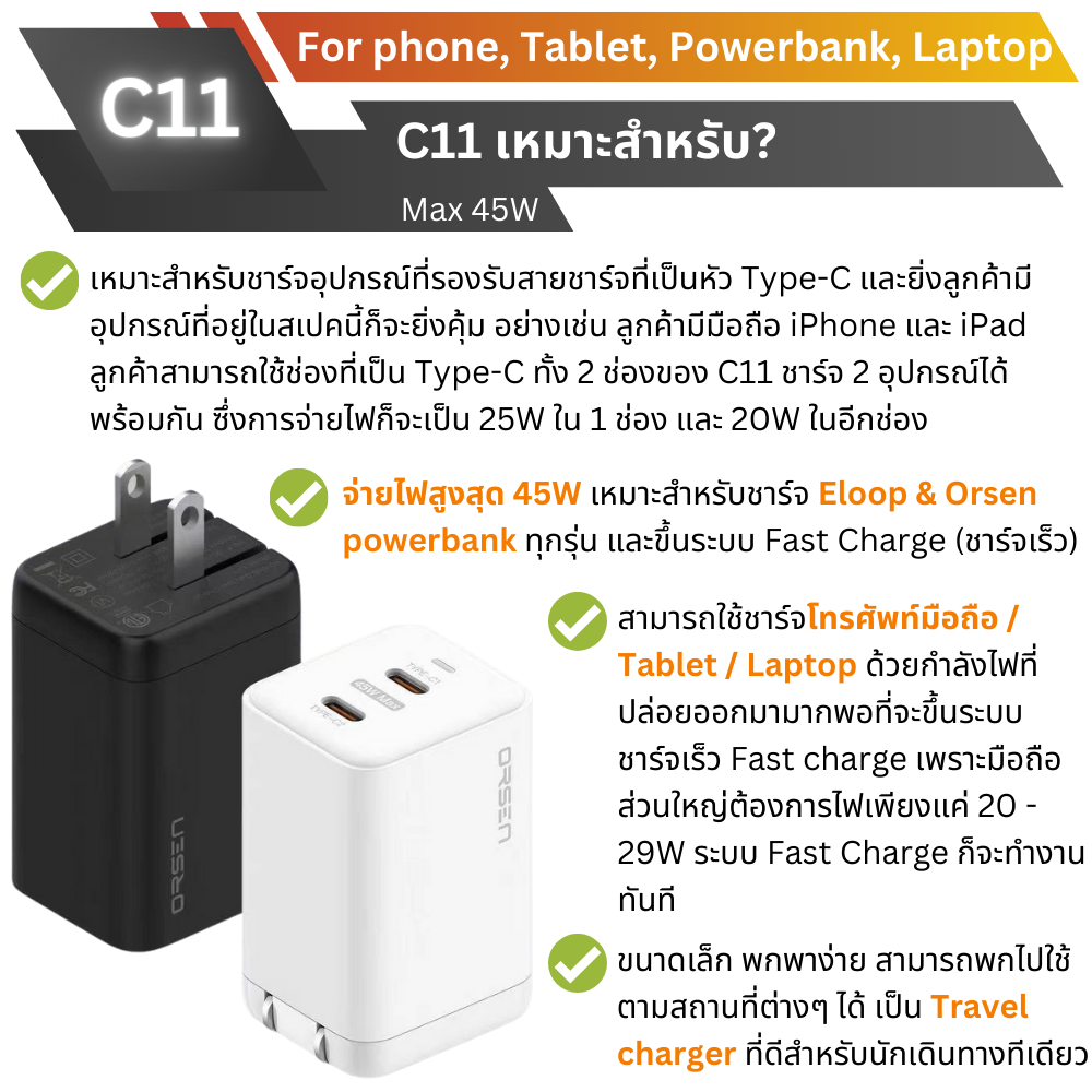 ADAPTER ELOOP C11 GaN PD 45W QC 4.0 Fast Charge อะแดปเตอร์ สีดำ Black จัดส่งฟรี!