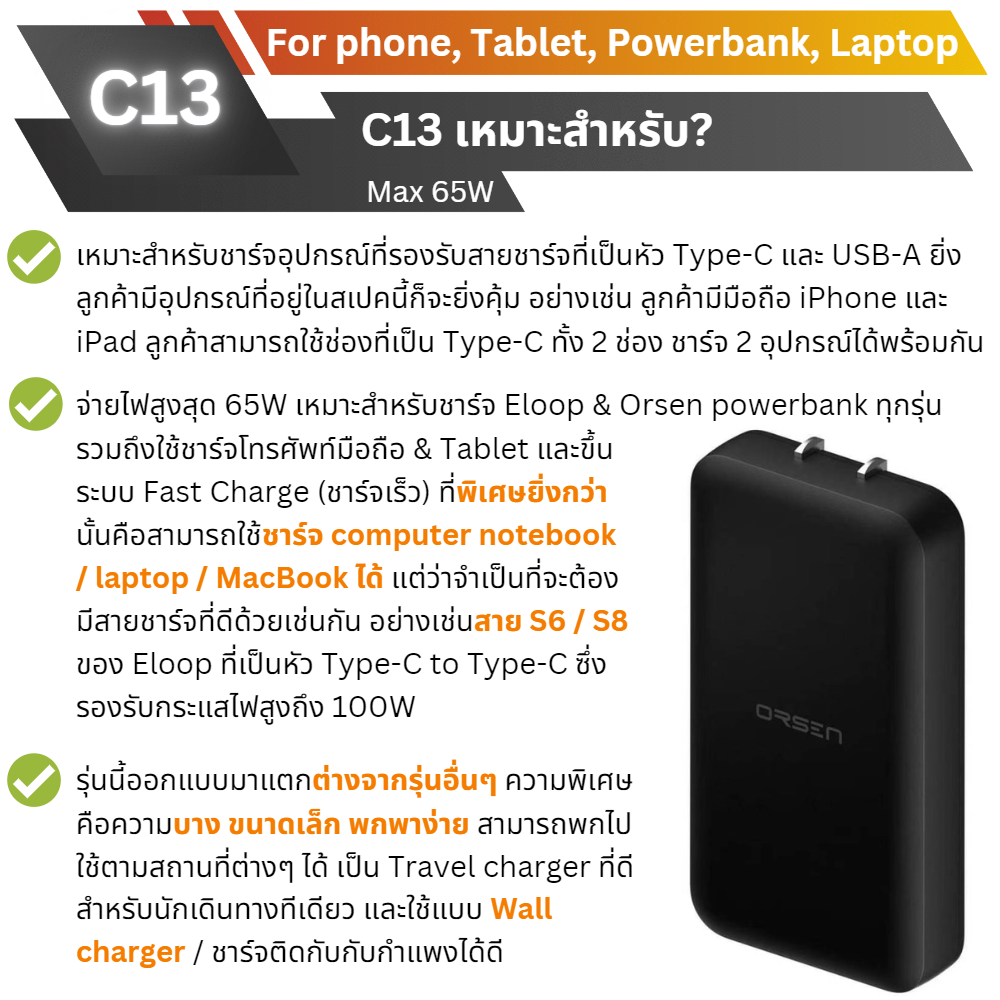 ADAPTER ELOOP C13 GaN PD 65W / QC 3.0 Fast Charge อะแดปเตอร์ สีดำ Black จัดส่งฟรี!