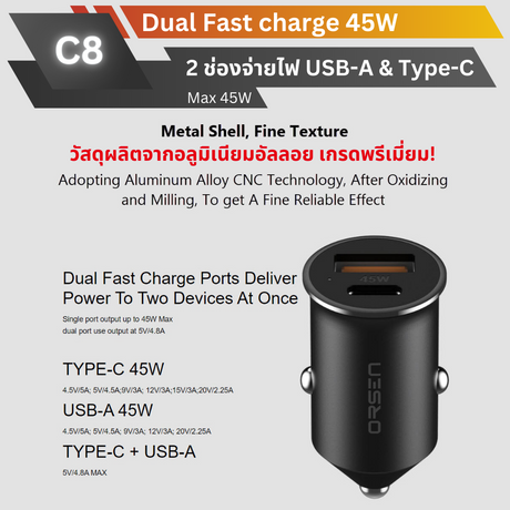 Eloop C8 Fast Charge Car Charger ชาร์จเร็ว PD 45W จัดส่งส่งฟรี!