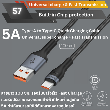 สาย Eloop S7 USB-A to Type C 5A ยาว 1 เมตร QC 3.0 Fast Charge ส่งฟรี!