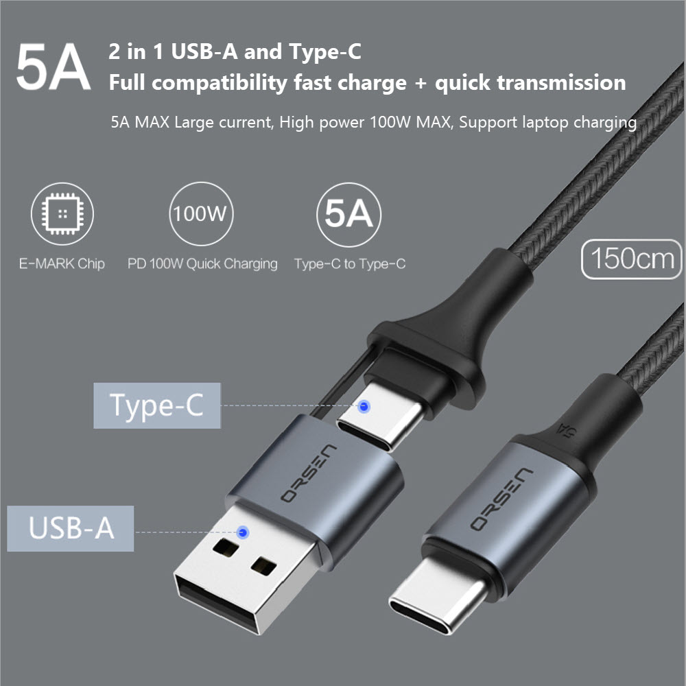 สาย Eloop S8 2-in-1 USB-A & Type C Super Fast Charge QC 4.0 / PD 100W ส่งฟรี !