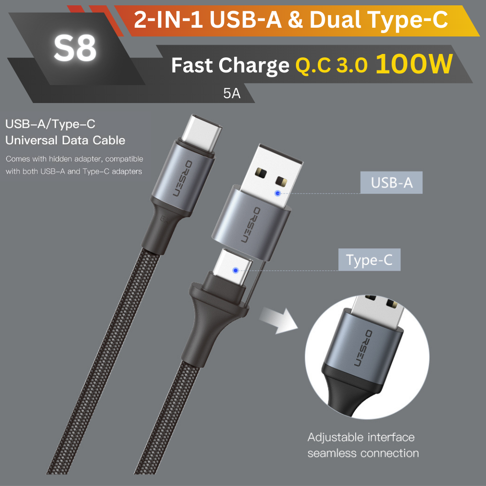 สาย Eloop S8 2-in-1 USB-A & Type C Super Fast Charge QC 4.0 / PD 100W ส่งฟรี !